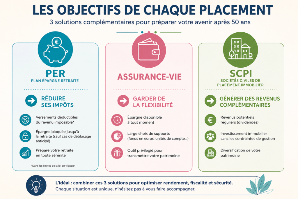 Infographie comparant PER assurance-vie et SCPI après 50 ans